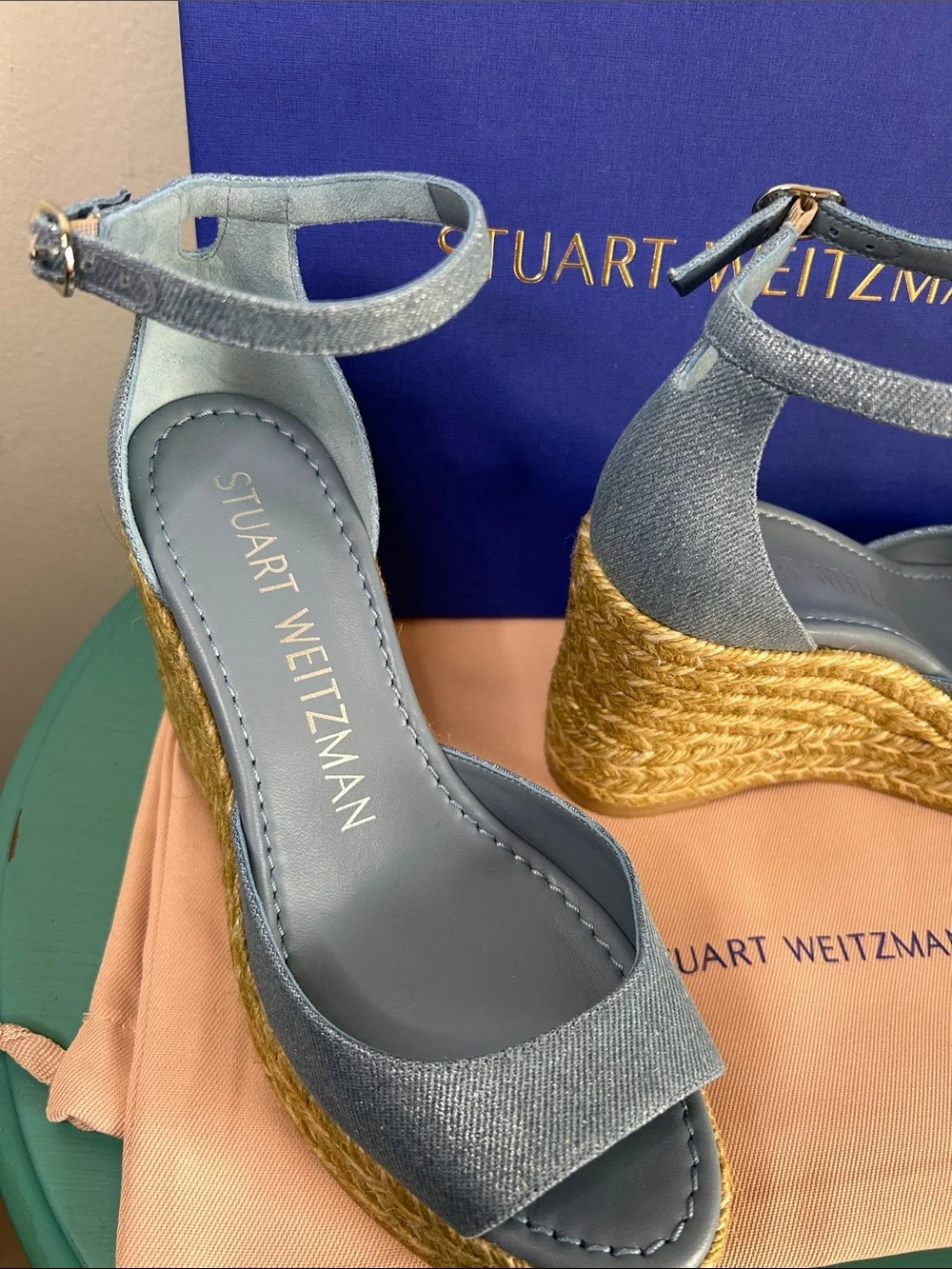 Stuart Weitzman Nudistia Metallic Denim Blue Espadrille Wedge Sandal Ankle Strap - Picture 2 of 10